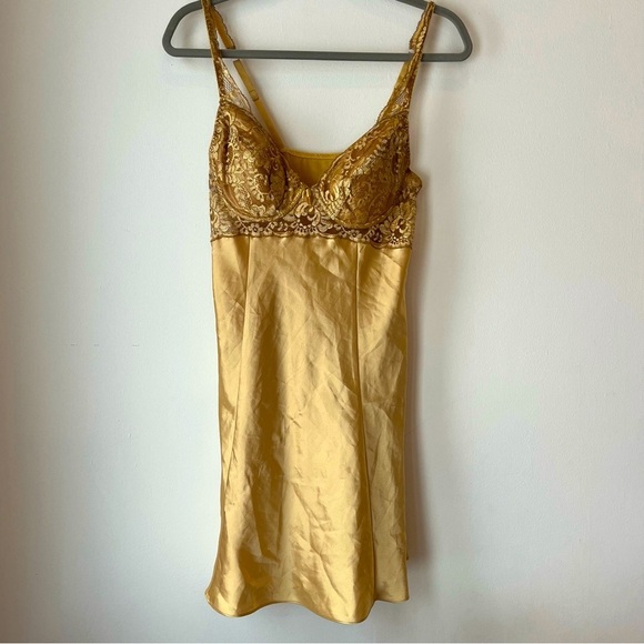Vintage Victoria’s Secret Gold Satin Slip Dress M | Lace Bust Coquette Y2K - Picture 1 of 13